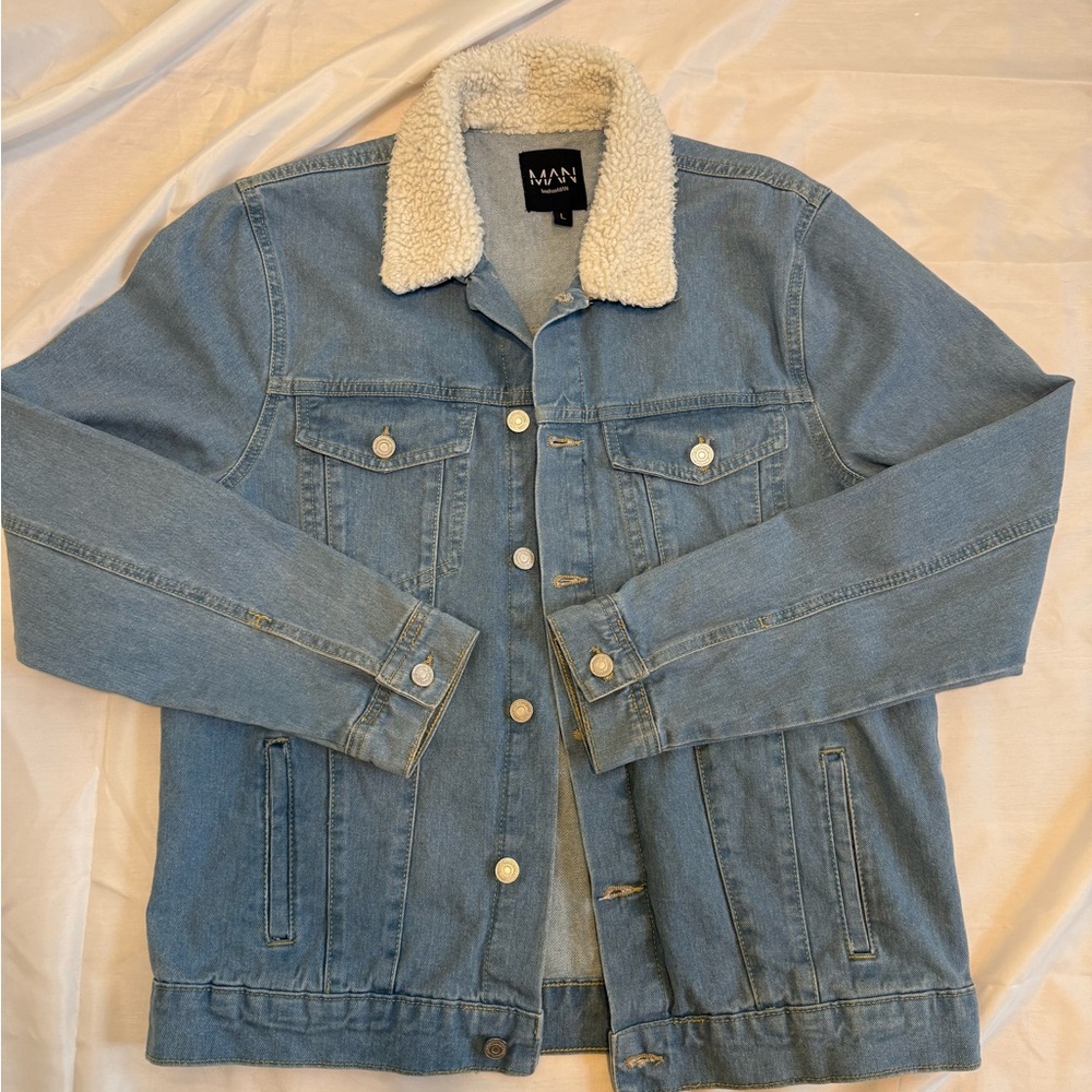 MAN Blue Denim Jacket with Sherpa Collar